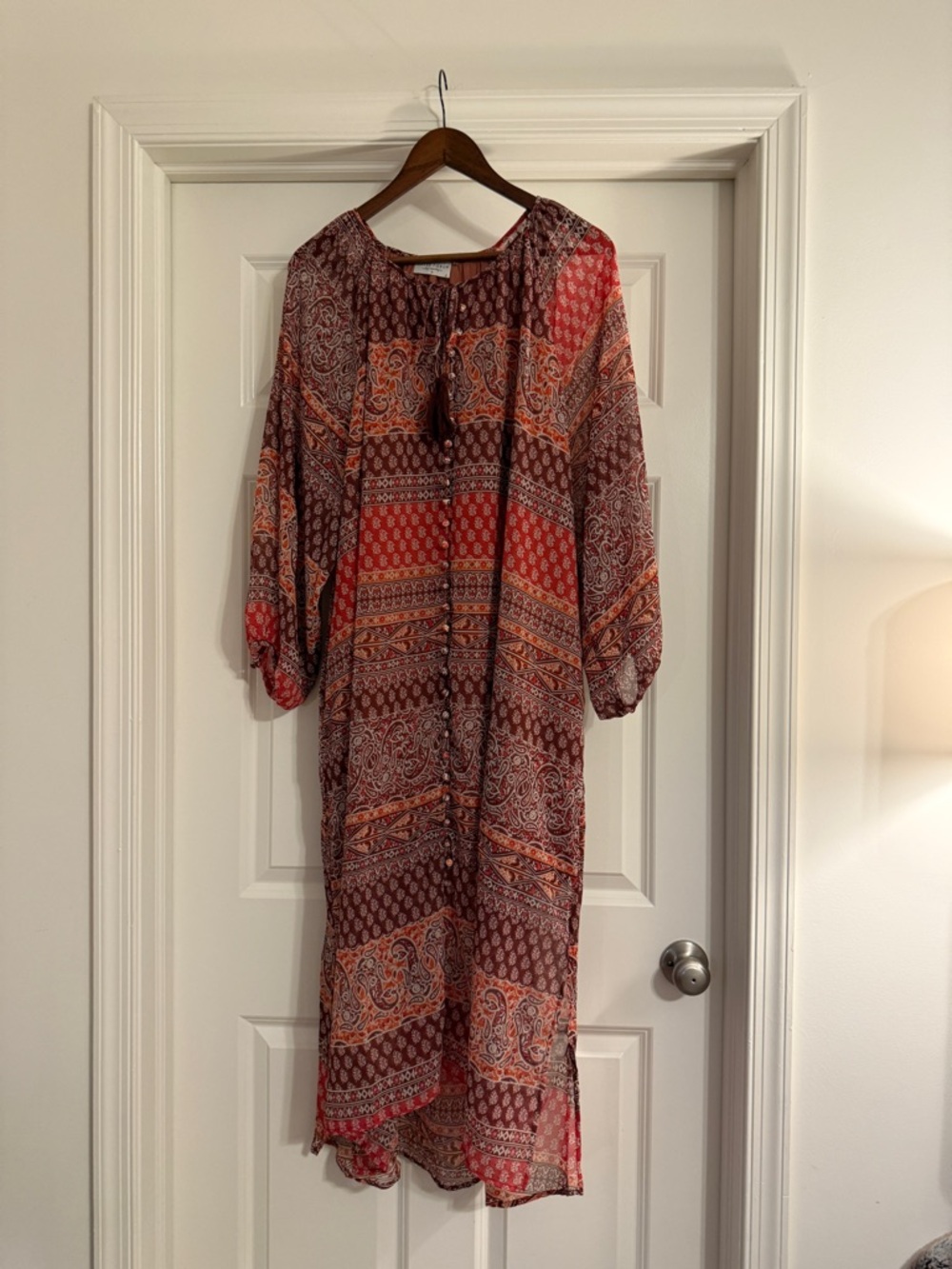 NWT Dress Forum bohemian Burgundy & Rust Paisley Long Sleeve maxi Dress